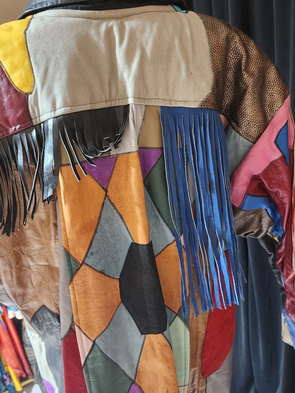 Vintage 80s Patchwork Leather Fringe Jacket Oversized Western Boho M/L - Picture 16 of 16